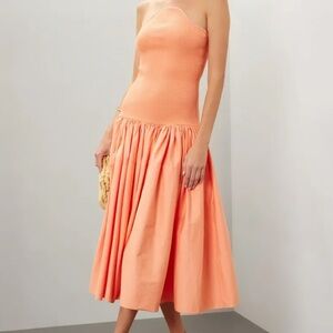 Alexis Strapless Coral Midi Dress
